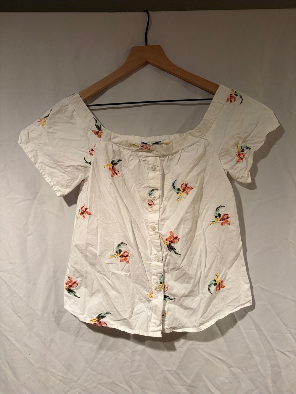 Warehouse White Button-Front Floral Embroidered Peasant Top